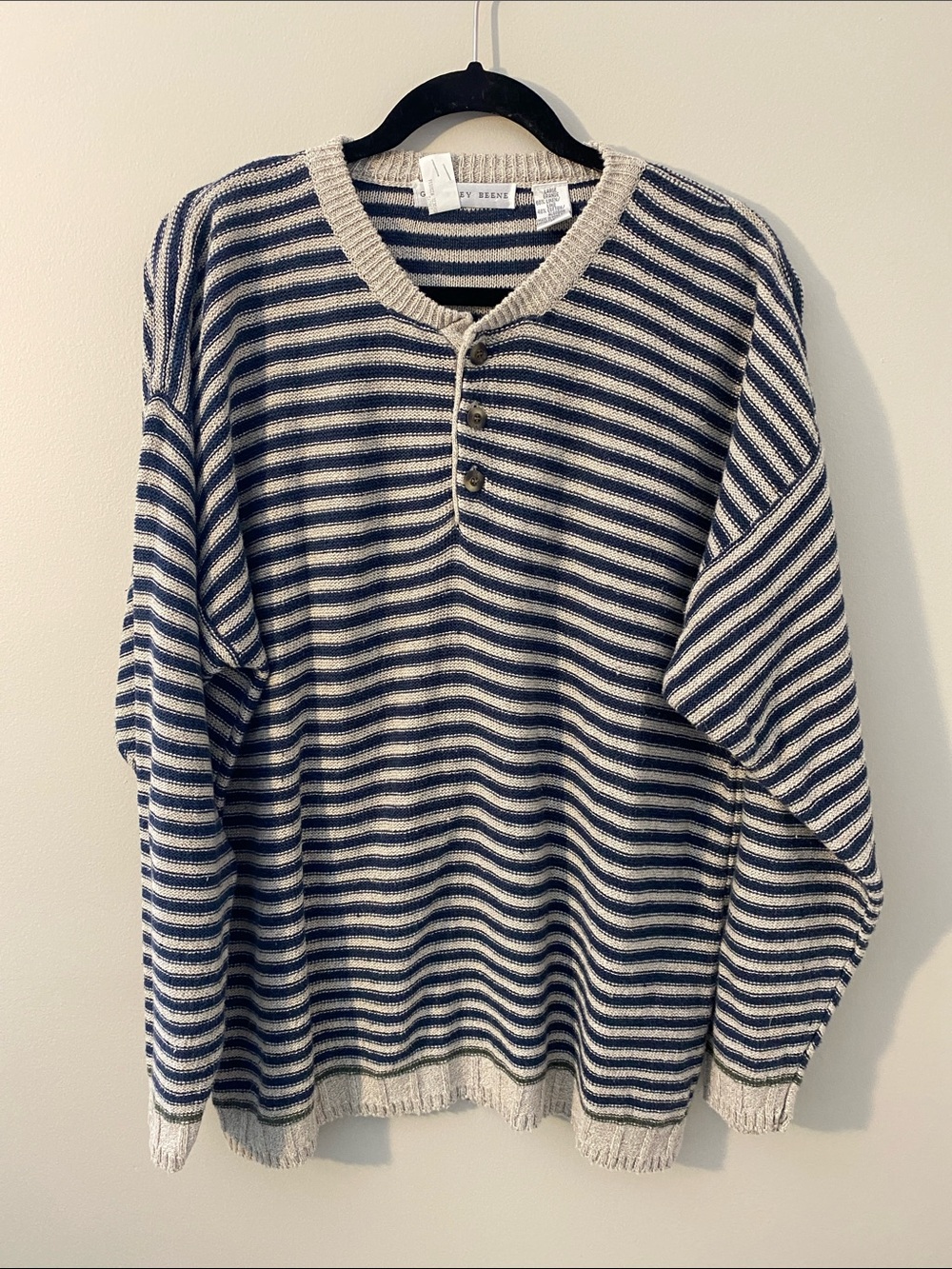 Geoffrey Beene Linen Cotton Blend Navy and Cream Striped Henley Sweater